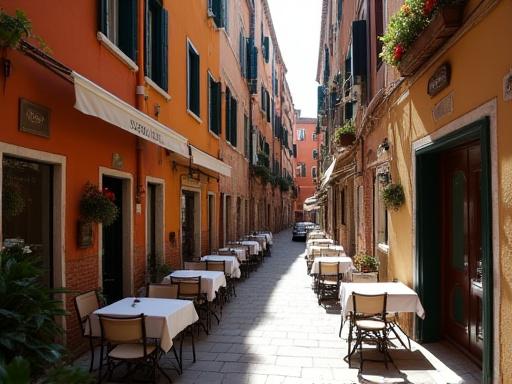 Tavolini esterni del caffè Zefiro Chicchi in una calle veneziana.