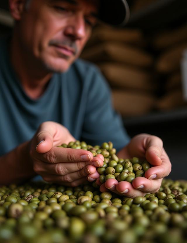 Il fondatore di Zefiro Chicchi che controlla i chicchi di caffè verde.